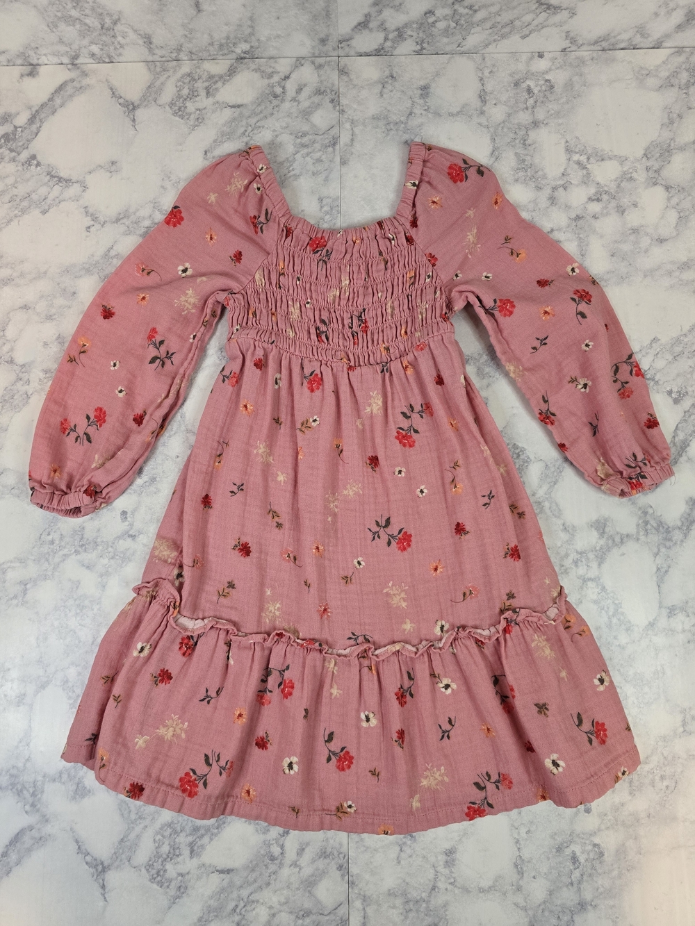 Old Navy Pink Floral Smocked Long Sleeve Dress Small 6-7